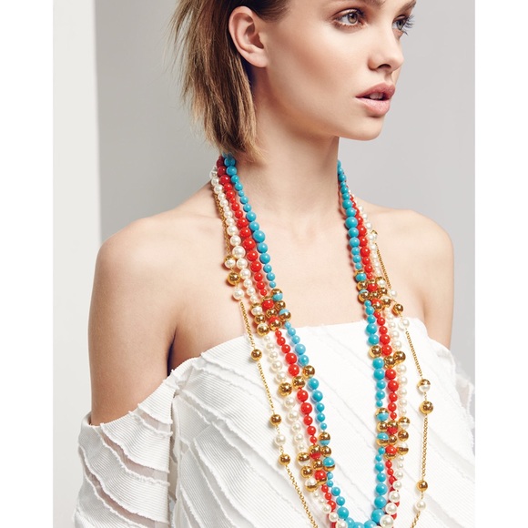 TORY BURCH • Capped Crystal Pearl Long Necklace - Picture 2 of 15